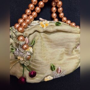 Noshi Clutch Elegant Soft Purse Beaded Handle Cherry Accent Ooak